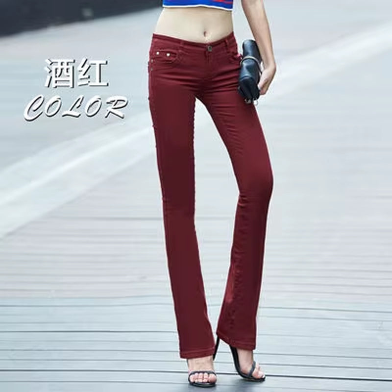 Women'S White 80% Cotton Flare Denim Pants Mom'S Fomal Skinny Stretch Jeans Trend Candy Color Slim Cowboy Trousers OL Pantalones