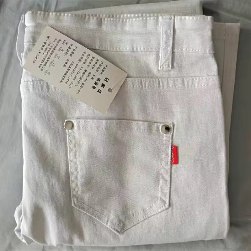 Women'S White 80% Cotton Flare Denim Pants Mom'S Fomal Skinny Stretch Jeans Trend Candy Color Slim Cowboy Trousers OL Pantalones