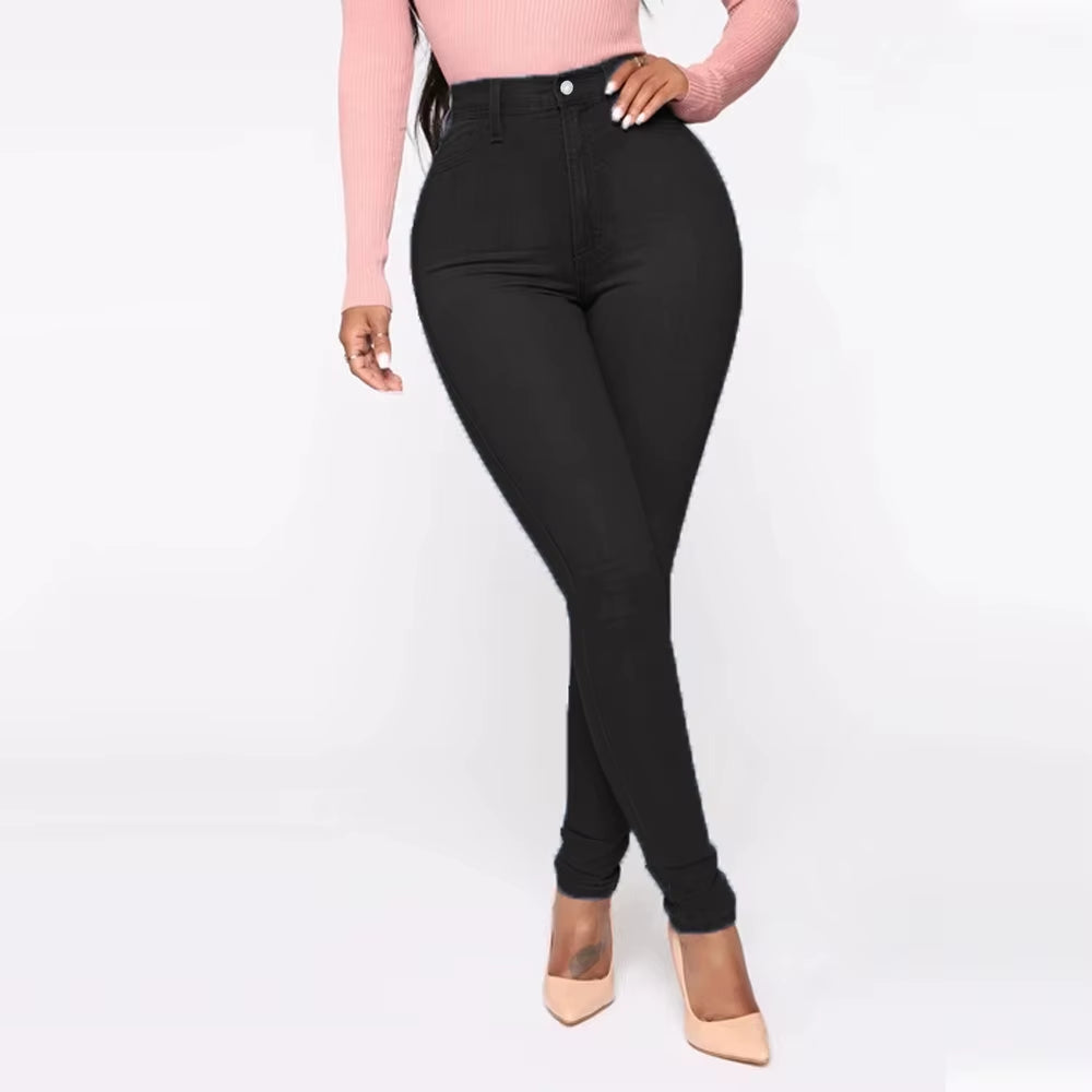Pantalones Vaqueros de Cintura Alta para Mujer, Ajustados y Elásticos, Denim Azul, Lavado Retro, Pantalones Lápiz Slim