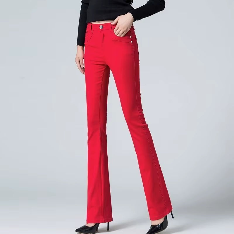 Women'S White 80% Cotton Flare Denim Pants Mom'S Fomal Skinny Stretch Jeans Trend Candy Color Slim Cowboy Trousers OL Pantalones