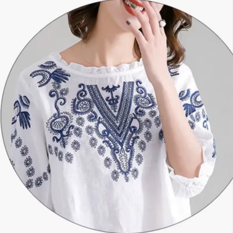 Camisa de mujer de primavera con mangas largas y volantes, blusa vintage con bordado, casual, cuello redondo, de algodón y lino.