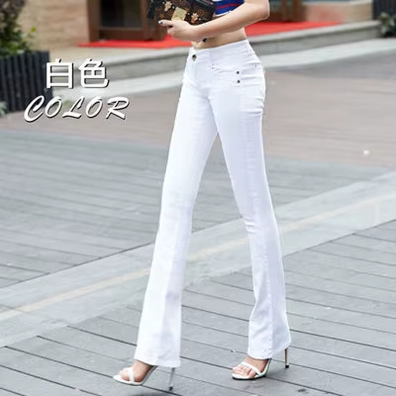 Women'S White 80% Cotton Flare Denim Pants Mom'S Fomal Skinny Stretch Jeans Trend Candy Color Slim Cowboy Trousers OL Pantalones